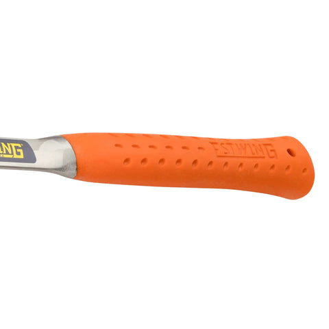 Close-up of hi-vis orange grip on Rock Pick Hammer 22 Oz Geology Hammer Pro Grade With Pointed Tip And Square Face USA Made