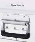 Close-up of portable aluminum tool box case metal handle, part of the Portable Aluminum Tool Box Case For Handyman Tools Test Instruments Cameras And Parts Compact Hard Case Organizer For Home Garage Workshop And On The Go Jobs Everyday