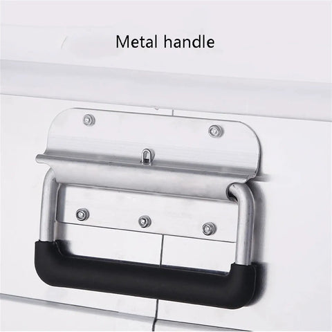 Close-up of portable aluminum tool box case metal handle, part of the Portable Aluminum Tool Box Case For Handyman Tools Test Instruments Cameras And Parts Compact Hard Case Organizer For Home Garage Workshop And On The Go Jobs Everyday
