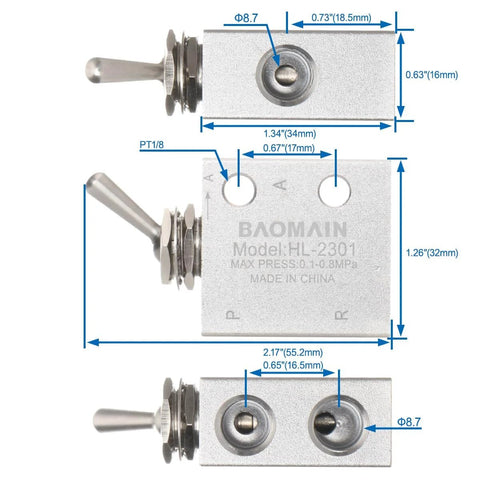 Hand Operated Pneumatic Knob Switch Valve Three Port Two Position Normally Closed With One Eighth Inch Thread, dimensions shown