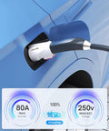 Heavy Duty NACS To J1772 Charging Adapter For Tesla Walls Tops Out At 80 Amp charging an electric vehicle, showing 80A max current.