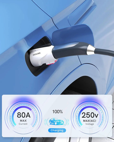 Heavy Duty NACS To J1772 Charging Adapter For Tesla Walls Tops Out At 80 Amp charging an electric vehicle, showing 80A max current.