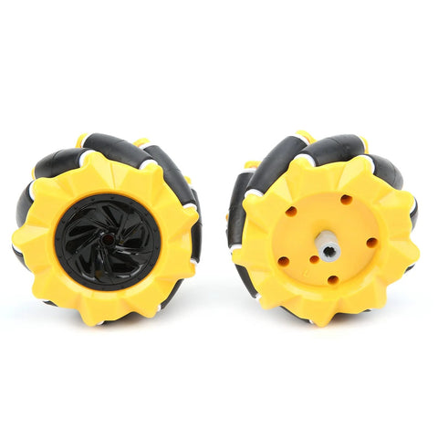 Pair of robot mecanum wheels, yellow with black rollers; front and back view.