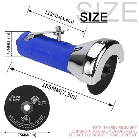 Beefy Upgraded 3 Inch Air Cut Off Tool with 5 Die Grinder Cutting Wheels size dimensions illustration