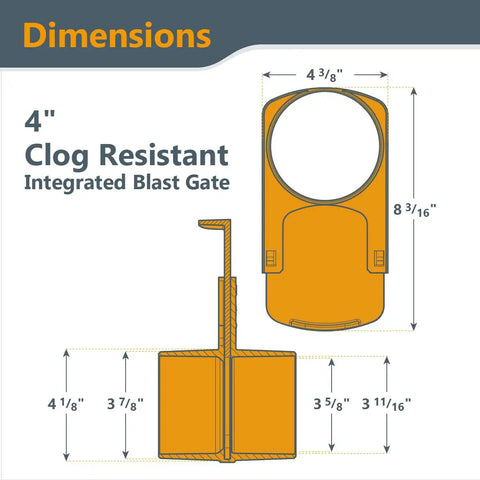 Dimensions of 4-Inch Integrated Blast Gate Dust Collection Fitting With Clog-Resistant Anti-Gap Design shown in diagram