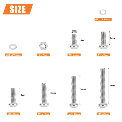 M3 Metric Phillips Pan Head Machine Screws Kit In Six Sizes 6mm 8mm 10mm 12mm 16mm 20mm With Hex Nuts Lock Washers Flat Washers 304 Stainless Steel