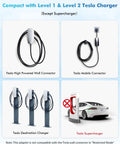 Compact display of Tesla charging connectors including High Powered Wall and Mobile Connectors for Heavy Duty NACS To J1772 Charging Adapter.