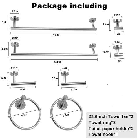Diagram showing 8 Piece Bathroom Hardware Set with 23.6 inch towel racks, hooks, rings, and toilet paper holders in brushed nickel.