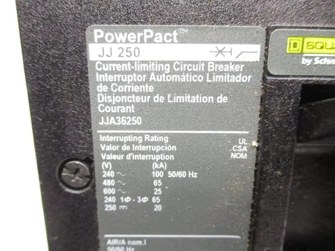 PowerPact JJ 250 Amp label details, showing ratings for Straight Shooter Heavy Duty Industrial Circuit Breaker JJA36250.