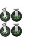 Heavy Duty 8 Inch Pneumatic Wheel Tires Offering Smooth As Butter Rolling Swivel And Rigid Casters For Garden Cart Furniture Movers No Sweat Moving Non Marking Rubber Wheels With Superior Floor Protection set of four rubber caster wheels with green rims and metal brackets.