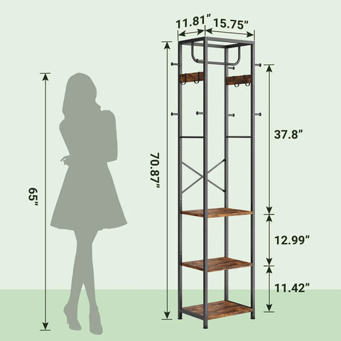 Freestanding Coat Rack With 3 Storage Shelves And 12 Hooks, Rustic Brown, Industrial Design with Dimension Comparison to Person