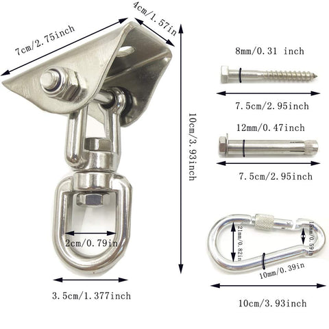 Heavy Duty 1000 Lb Hanging Hardware Kit With 360 Degree Rotating Hooks For Swing Yoga Gym Playground And Punching Bags Ultra Durable Stainless Steel Mounting Kit With Easy Bolt Screw Installation showing dimensions and components
