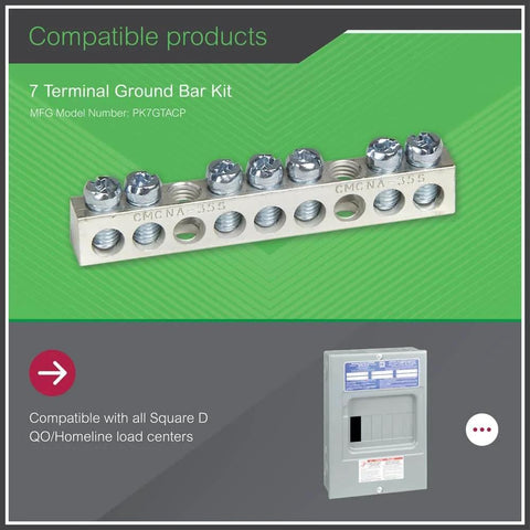 7 Terminal Ground Bar Kit for Load Centers and Panel Boards, ANSI certified, fits CSED devices and NQOD NF panels, compact and lightweight