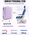 Underseat Carry On Luggage For Women 16 Inch Lightweight Spinner With Multi Compartment Layers And 360 Degree Wheels TSA Approved Cabin Size That Fits Overhead Bins No Fuss Travel Friendly Light Purple shown under airplane seat with dimensions
