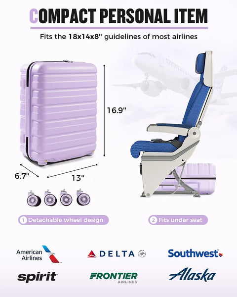 Underseat Carry On Luggage For Women 16 Inch Lightweight Spinner With Multi Compartment Layers And 360 Degree Wheels TSA Approved Cabin Size That Fits Overhead Bins No Fuss Travel Friendly Light Purple shown under airplane seat with dimensions