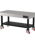 Kickass Pro Grade Heavy Duty Welding Fixture Table 72 By 36 By 36 Inches with laser cut grid holes and rolling casters.