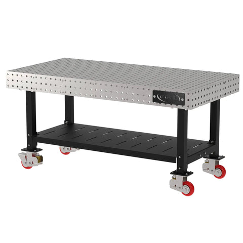 Kickass Pro Grade Heavy Duty Welding Fixture Table 72 By 36 By 36 Inches with laser cut grid holes and rolling casters.