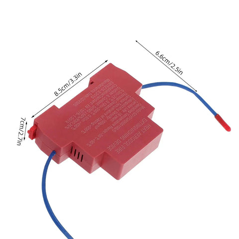 Automatic Vehicle Fire Suppression Sticker With Smart Sensor Engine Activation Compact Ten Gram Aerosol Extinguisher Patch For Trucks And Boats road ready, red device with blue wire, 8.5cm by 7cm size.