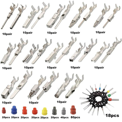 260Pcs Terminal Pins And 240Pcs Wire Seals Automotive Harness Kit showing terminal pin pairs and colored wire seals