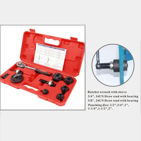 Open red case showing Ratchet Knockout Hole Punch Driver Kit For Pros with manual and accessories for metal sheets and drilling projects.