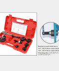 Ratchet Knockout Hole Punch Driver Kit One Half To Two Inch Conduit Cutter With Six Dies For Metal Sheets And Electrical Boxes Clean Edges Precise Holes Smooth Operation Pro DIY Tool, red case open