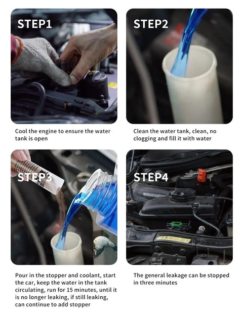 Instructional image showing steps to apply Radiator Stop Leak Sealer And Conditioner Kit For Cooling System Repair Safe For All Metals And Hoses