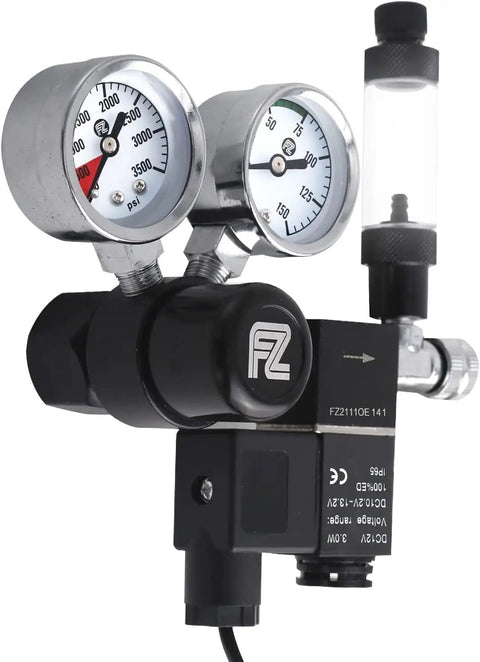CO2 Regulator For Aquarium With DC Solenoid Bubble Counter And Check Valve, close-up of pressure gauges and bubble counter.
