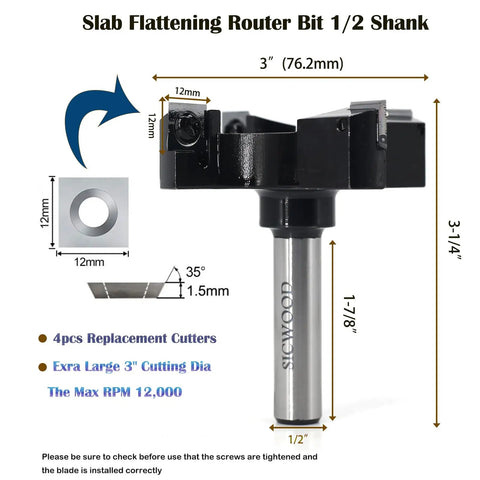 Top Shelf 1/2 Inch Shank Slab Flattening Router Bit With Massive 3 Inch Cutter and Reversible Carbide Inserts for CNC Spoilboard Surfacing Plus Zero Hassle Wood Planing Jobs, showcasing cutting dimensions.