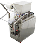 Automatic Pneumatic Paste And Liquid Filling Machine With Stainless Steel Horizontal Mixing Hopper For Sauces Oils Honey And Condiments 10 To 100 ML showing dispensing system with bag holder and touch panel.