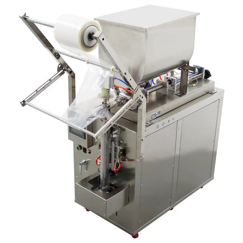 Automatic Pneumatic Paste And Liquid Filling Machine With Stainless Steel Horizontal Mixing Hopper For Sauces Oils Honey And Condiments 10 To 100 ML showing dispensing system with bag holder and touch panel.