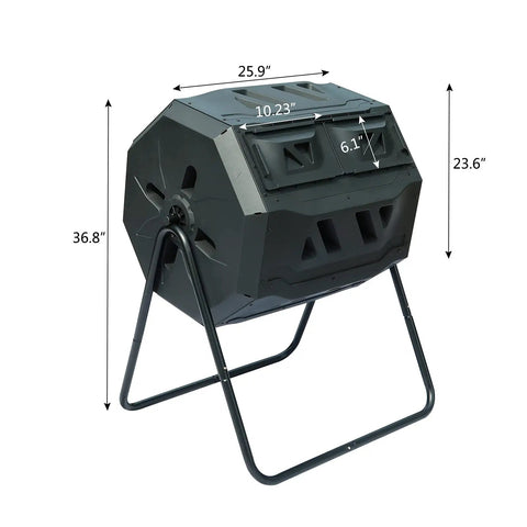 Side view of Dual Chamber Tumbler Composter With 42 Gallon Capacity For Yard, Garden And Kitchen Waste, Outdoor Rotating Bin With Easy Axis Turn
