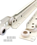 Heavy Duty Metal Drawer Slides For Kitchen Cabinets And Dressers Ultra Smooth Full Extension Roller Glides with white finish and wheels.