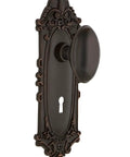 Old School Victorian Plate Privacy Door Knob Set With Keyhole, Brass Plates And Lead Crystal Knobs, Timeless Bronze Finish