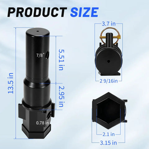 Heavy Duty Auger Adapter Coupler Converting Two Inch Female Hex To Two Nine Sixteenths Inch Male Round Shaft With Conversion Bolt measurement chart showing dimensions.