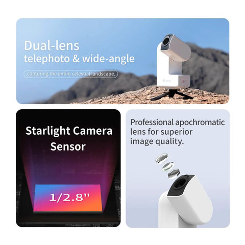 All In One Smart Digital Telescope With Built In Camera Ultra Portable Travel Companion For Astronomy Lovers And Casual Stargazers displayed with dual-lens and starlight sensor features.