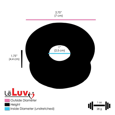 LeLuv Ultima black vacuum pump front view schematic showing outside diameter, height, and inner diameter; 1 oz weight.