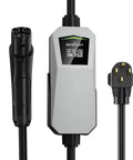 Road Trip Ready Portable EV Charger With 32 Amp Level Two Fast Charge Power Via 240 Volt NEMA 14-50 Socket For Tesla Models S X 3 Y And All NACS Rides, showing charger unit and power plug.