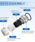 Detailed parts of Three Eighths Inch NPT Cable Glands IP68 Waterproof Strain Relief Cord Grip Connector showing gasket, seal, and claw.