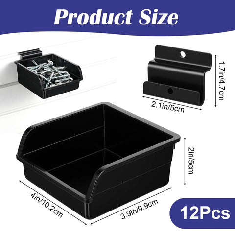 12 Pack Slatwall Bins With Hooks For Garage Or Workshop Organization Durable ABS Plastic Bins And Stainless Steel Hooks Set