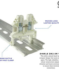 White DK2.5N-WE DIN Rail Terminal Block Screw Type 600V 20A 12-22AWG Pack Of 50 installed on metal rail, side view.