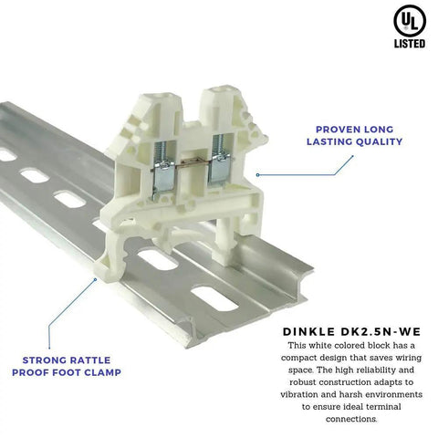 White DK2.5N-WE DIN Rail Terminal Block Screw Type 600V 20A 12-22AWG Pack Of 50 installed on metal rail, side view.