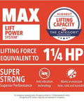 Information display indicating MAX Lift Power System with lifting force equivalent to 1¼ HP for Smart Garage Door Opener.