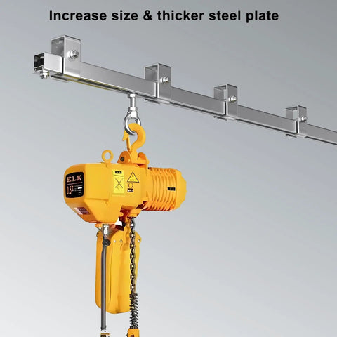 Four Wheel Hoist Trolley For Unistrut 1-5/8 Inch Or Taller Channel With M10 Bolt And Lifting Eye Nuts Built Tough Stainless Steel Bearings Smooth Quiet Rollers 1 Pc showing installation on metal track with electric hoist