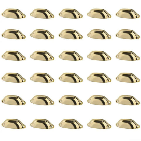 Vintage Half Moon Cup Pulls 30 Pack Pressed Steel Cabinet Handles in shiny yellow for rustic farmhouse decor.