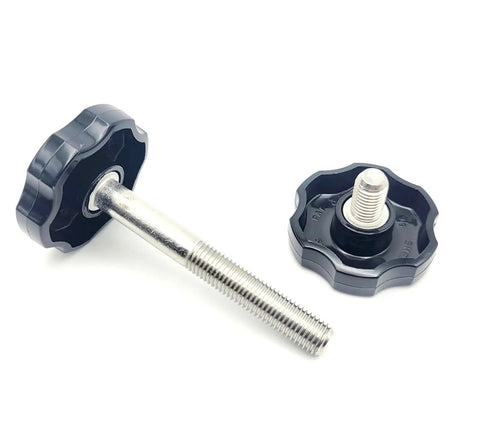Top Shelf 516 24 Fine Thread Thumb Screw Bolts With Black Plastic Clamping Knob Cap And 304 Stainless Steel Shaft close-up view.