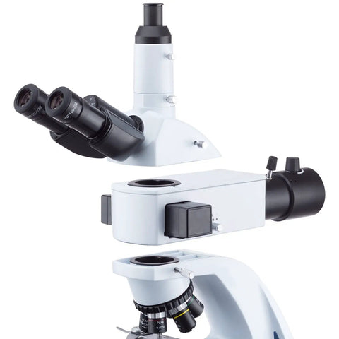T670Q PL FLLED B Fluorescence Microscope With Blue Band LED Illumination, Infinity-Corrected Optics, Koehler Illumination, Five Plan Objectives 4X 10X 20X 40X 100X, Pro Grade Fluorescence Microscope For Research Lab And Classroom, shown with eyepieces and objectives