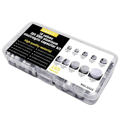 Totally DIY Friendly 165 Piece 25V SMD Aluminum Electrolytic Capacitor Kit With 10 Values From 10uF To 470uF For PCB Builds And Repairs