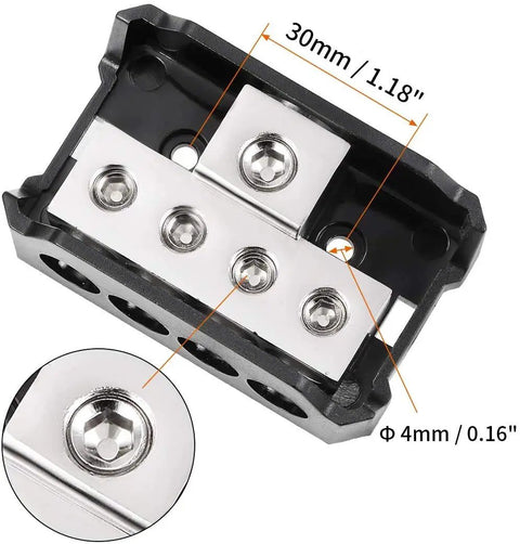 4 Way Car Amp Power Distribution Block 0 2 4 AWG In and 4 8 10 AWG Out Nickel Plated Internals Ground Distributor for Multi Amp Car Audio Wiring 2 Pack, 30mm