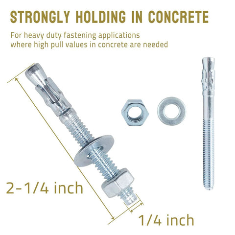 Quarter Inch By Two And A Quarter Inch Wedge Anchors Zinc Plated Heavy Duty Expansion Bolts For Concrete Masonry