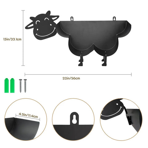 Whimsical Cow Toilet Paper Holder For Bathroom, Metal Design Holds 7 Rolls, Free Standing Or Wall Mount, Rust Resistant Powder Coated Finish, Totally Cute Black Cow Decor For Rustic Country Charm